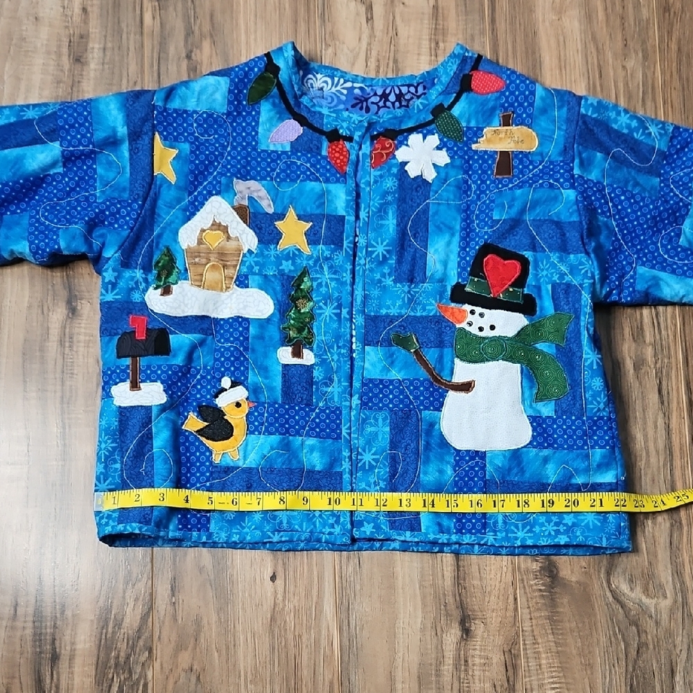 Hand Crafted Blue Women’s Patchwork Quilted Jacket with Snowman Design M/L - Picture 11 of 11